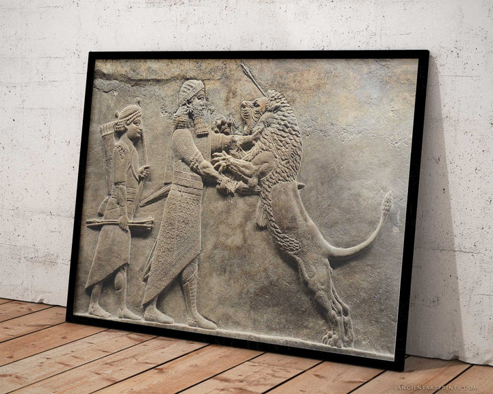 Lion Hunt of Ashurbanipal Framed Print, Canvas, Poster | Assyrian | Babylon | Akkadian | Mesopotamian | Sumerian | Ancient Wall Art Décor