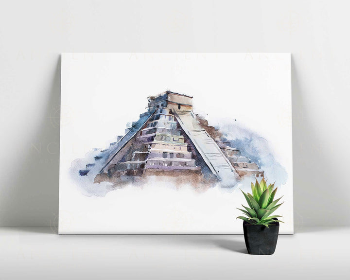 Chichen Itza Watercolour Framed Print, Canvas, Poster | Mexico | Engineering | Aztec | Mayans | Gods | History | Ancient Wall Art Décor