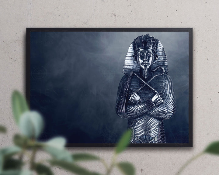 Tutankhamun Metal Statue Smoke Background Framed Print, Canvas, Poster | Egyptian | Africa | Pharaoh | Pyramid | Ancient Wall Art Décor