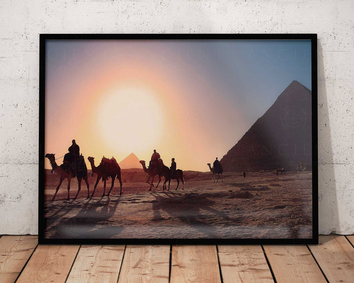 Giza Plateau at Dusk Framed Print, Canvas, Poster | Egypt | Pyramid | Ancient | Camels | Desert | Pharaoh | Travel | Ancient Wall Art Décor