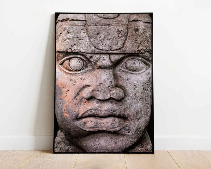 Olmec Stone Head Framed Print, Canvas, Poster | Mexico | Aztec | Mayans | Ancient | Mythology | Gods | History | Ancient Wall Art Décor