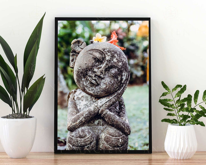 Indonesian Stone Statue Framed Print, Canvas, Poster | Indonesia | Bali | Sleeping | Child | Moon | Flowers | Ancient Wall Art Décor